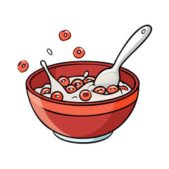 Red Bowl of Cereal with Milk and Spoon Splashing Cartoon Vector