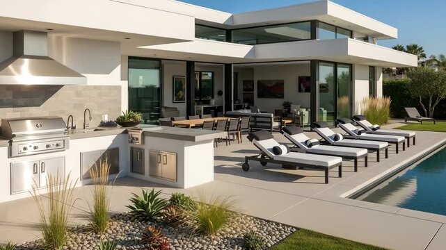 Modern outdoor kitchen and lounge in luxury villa, poolside barbecue, sleek design, sun loungers, open air dining, minimalist landscaping, stylish backyard, summer lifestyle