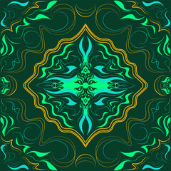 Harmonious Tribal Seamless Pattern in Sky Blue, Palakeet Green, Honey Orange