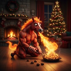 Humorous Christmas scene featuring a muscular, fire-breathing horse roasting chestnuts in a festive living room setting with a Christmas tree and fireplace creating a comical holiday moment