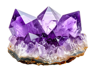 Cluster of vibrant amethyst crystals, showcasing facets and deep purple hues, set on a base of the same stone
