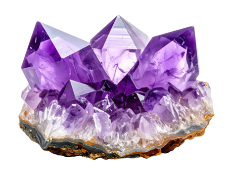 Cluster of vibrant amethyst crystals, showcasing facets and deep purple hues, set on a base of the same stone
