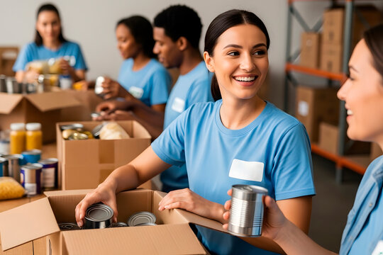 Young adult woman volunteer preparing food donations in boxes. Multiracial group packing food bank supplies, charity work. Social support and community help concept