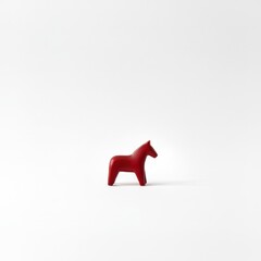 Close-up of a small, minimalist, shiny red wooden horse toy standing on a white surface, casting a soft shadow in a well-lit studio setting for a clean and simple aesthetic