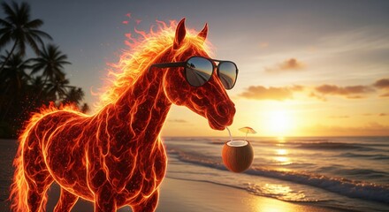 A fiery horse wearing sunglasses sips a coconut drink on a beach at sunset with palm trees in the background, creating a surreal and vibrant scene.