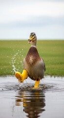 A delightful and humorous shot of a male mallard duck joyfully splashing in a puddle while wearing charming yellow rain boots, adding a touch of whimsy to a natural scene .