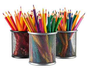 Three wire mesh pencil holders filled with assorted colored pencils