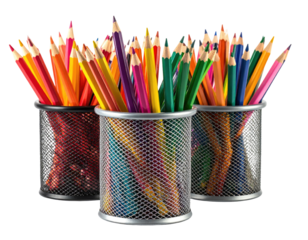Three wire mesh pencil holders filled with assorted colored pencils