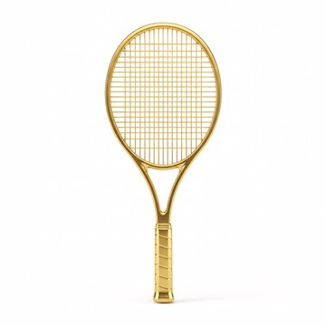 A golden three-dimensional tennis racket resting on a surface,