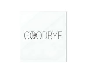 A minimalist graphic design featuring the word "GOODBYE" with a hand gesture incorporated.