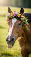 A cute brown horse with a white blaze wearing a flower crown sticks its tongue out in a grassy field, bathed in soft, natural light creating a whimsical and charming portrait