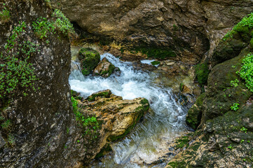 A captivating view of Wasserlochklamm reveals crystal clear water gently flowing between rugged rocks surrounded by vibrant green moss, illuminated by soft natural light creating