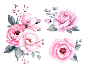 Four pastel pink floral bouquets in watercolor style, featuring roses, blossoms, and leaves