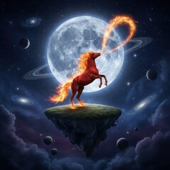 Majestic fire horse rearing on a floating island against a giant moon in a surreal space scene with planets and galaxies, exuding fantasy and wonder