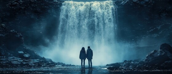 Obraz premium Enchanted Waterfall: A Couple's Serene Encounter