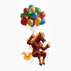 Humorous illustration of a muscular, anthropomorphic horse with a fiery mane and tail, wearing checkered mittens, floating with a bunch of colorful balloons against a white background