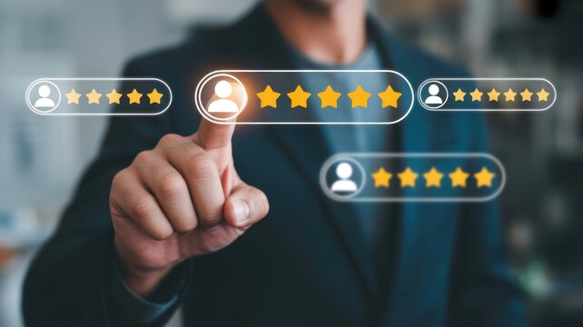 Feedback and Assessment: A person interacting with a digital interface, highlighting concepts like evaluation, survey, quality, and ranking