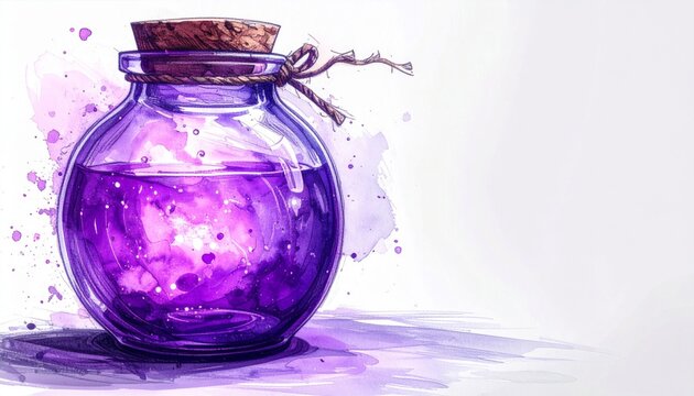 Watercolor Style Purple Potion in a Glass Jar with Cork Stopper on White Background