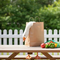 Goose with its head inside a shopping bag on a picnic table with fruits and vegetables in the backyard against white fence and green trees at sunny day .