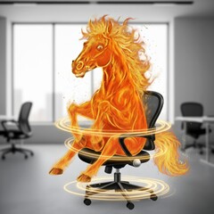 Humorous digital illustration of a horse engulfed in flames, unexpectedly seated in an office chair, creating a playful yet surreal juxtaposition in a modern office setting