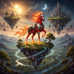 Naklejka premium Fiery red horse stands proudly on a floating island amidst a fantasy landscape with castles in the sky, connected by bridges under a dual sun and crescent moon
