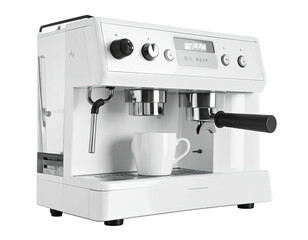White dual-boiler espresso machine with controls and cup