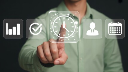 Time Management and Technology: A modern professional skillfully interacts with an interactive clock interface, symbolizing effective time management, productivity, and efficient task planning.