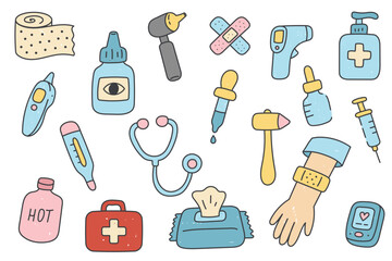 Medical Cartoon Doodle Set with Syringe, Stethoscope, Thermometer, Pills, First Aid Kit, and Healthcare Icons