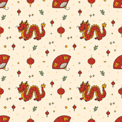 Seamless Pattern with Chinese Dragon, Lanterns, and Fan in Festive Oriental Doodle Style