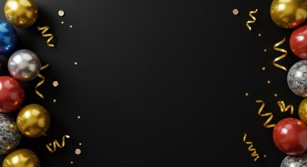 Colorful christmas balls and gold confetti on a black background.