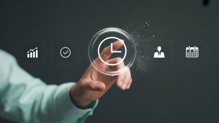 Time Management: A person's hand interacts with a holographic clock interface, symbolizing the concept of time management and efficiency.