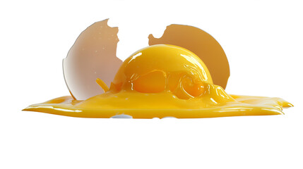 Broken raw egg yolk with cracked eggshell and spilled liquid texture, ideal for cooking, breakfast, and food design projects. Isolated on transparent background, PNG.
