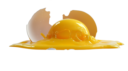 Broken raw egg yolk with cracked eggshell and spilled liquid texture, ideal for cooking, breakfast, and food design projects. Isolated on transparent background, PNG.