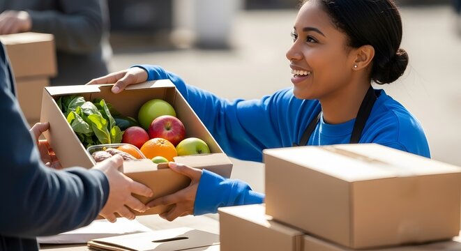 Woman volunteer giving opening cardboard box needle outdoors, delivery. Food donations in box, charity work. Social support and community help concept