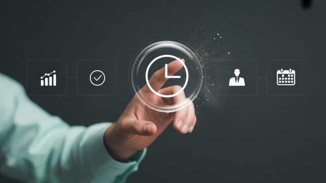 Time Management: A person's hand interacts with a holographic clock interface, symbolizing the concept of time management and efficiency.