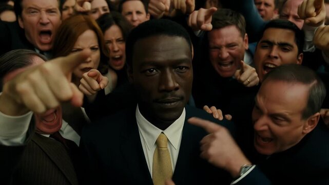 African American Man in the center surrounded by a crowd of people pointing fingers and shouting at him. Concept of blame and accusation, racial discrimination.