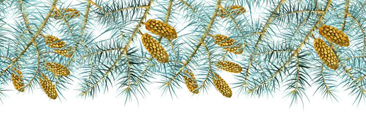 Seamless border Fir green natural forest pine cones tree needles branches greenery hand drawn watercolor illustration. Winter seasonal background. Art botanical. For fabric, wallpaper, wrapping.