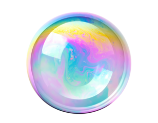 Circular iridescent bubble enclosing swirling, colorful liquid; letter "C" visible