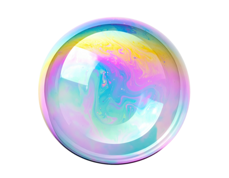 Circular iridescent bubble enclosing swirling, colorful liquid; letter "C" visible