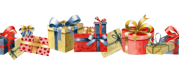 Seamless border of  gift boxes. Watercolor presents. Watercolor seamless decoration.