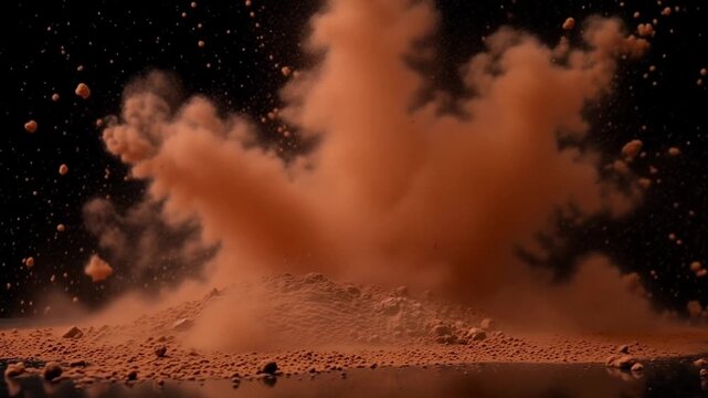Dynamic explosion of rich, dark cocoa powder creating dramatic cloud, perfect for food, baking, or dessert concepts, shot in studio against black backdrop