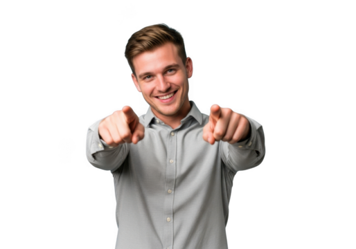 Man pointing directly at camera with confident smile and engaging expression isolated on transparent background - Powered by Adobe