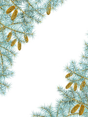 Fir green natural forest pine cones tree needles branches greenery hand drawn watercolor illustration frame vertical. Decorative winter seasonal isolated background. Poster, print, card, decor