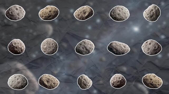 A set of asteroids of different shapes moves chaotically. Asteroid concept. Empty space for text. Smooth animation on color paper background