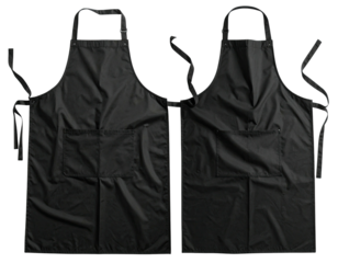 Two identical black aprons, side-by-side, with adjustable straps and front pockets