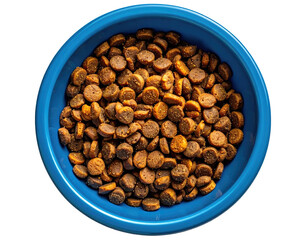 Small, round, dark-brown/tan kibble fills a blue bowl
