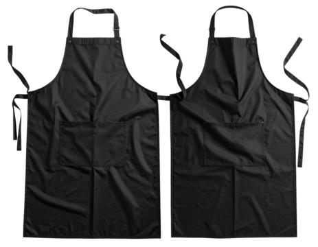 Two identical black aprons, side-by-side, with adjustable straps and front pockets
