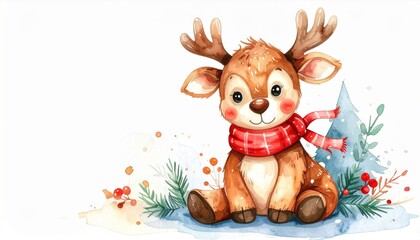 Cute Reindeer with Red Scarf in Watercolor Style Against a Snowy Tree Holiday Card