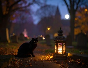 A mysterious black cat with glowing eyes sits beside a lit lantern in a spooky graveyard at dusk.