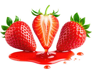 Three vibrant red strawberries, one sliced in half, with juice dripping around them